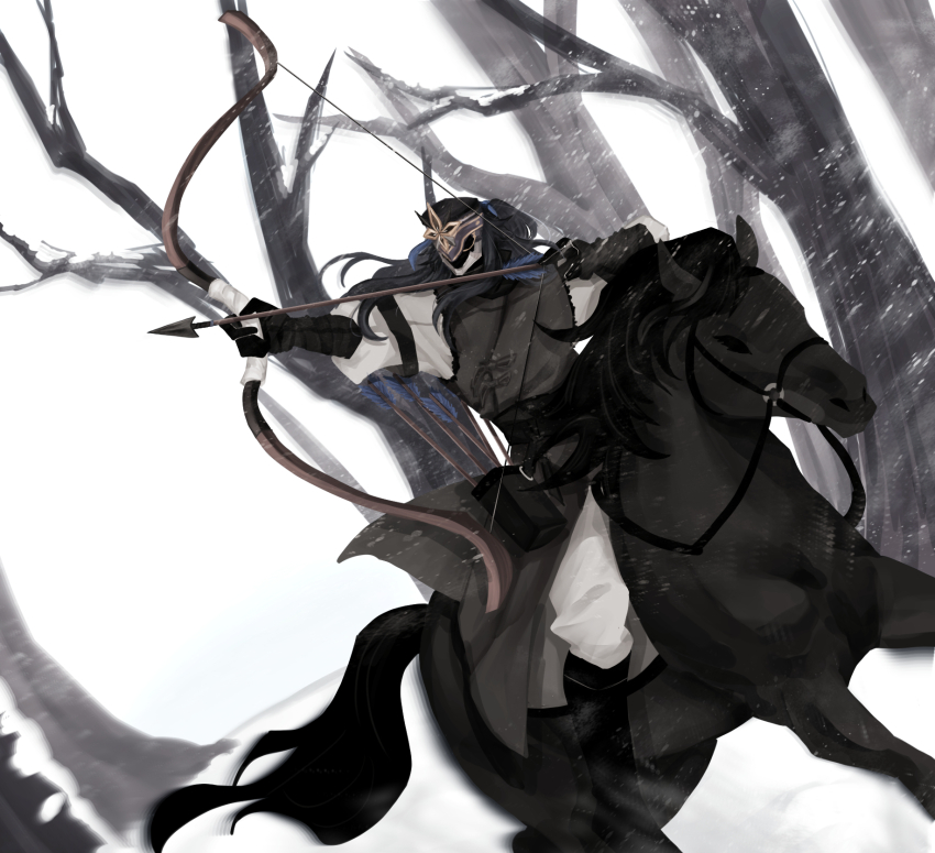 1boy aiming animal archery arrow_(projectile) bare_tree black_gloves black_helmet black_horse bow_(weapon) capitano_(genshin_impact) faceless faceless_male genshin_impact gloves helmet highres holding holding_bow_(weapon) holding_weapon horse horseback_riding long_sleeves looking_to_the_side male_focus mwolbwa_chess quiver reins riding sky snow tree weapon white_sky