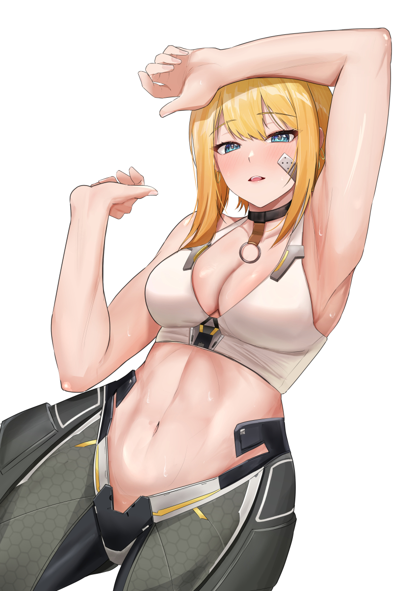 1girl absurdres arm_up armored_legwear armpits bandaid bandaid_on_cheek bandaid_on_face bare_shoulders black_choker black_pants blonde_hair blue_eyes blush breasts choker cleavage collarbone commentary_request cover_image cowboy_shot ear_piercing goddess_of_victory:_nikke hair_between_eyes highres kotori_ukuwa looking_at_viewer maxwell_(nikke) medium_breasts midriff multiple_piercings navel pants parted_lips piercing short_hair short_hair_with_long_locks sidelocks simple_background solo sports_bra sweat white_background white_sports_bra