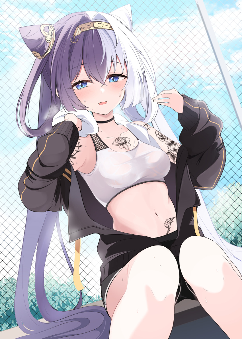 1girl acchii_(akina) azur_lane baltimore_(azur_lane) baltimore_(azur_lane)_(cosplay) baltimore_(black_ace)_(azur_lane) bare_shoulders black_choker black_jacket black_shorts blue_eyes blue_sky blush breasts chain-link_fence chest_tattoo choker cloud collarbone commentary_request commission cone_hair_bun cosplay crossed_bangs day double_bun fence flower_tattoo gold_hairband hair_between_eyes hair_bun hairband hands_up highres holding holding_towel jacket long_hair looking_at_viewer midriff multicolored_hair navel off_shoulder open_mouth outdoors partially_unzipped purple_hair see-through_clothes see-through_sports_bra short_shorts shorts shoulder_tattoo sidelocks sitting skeb_commission sky small_breasts solo split-color_hair sports_bra sportswear steaming_body stomach_tattoo sweat tattoo towel two-tone_hair very_long_hair wet_bra white_hair white_sports_bra ying_swei_(azur_lane)