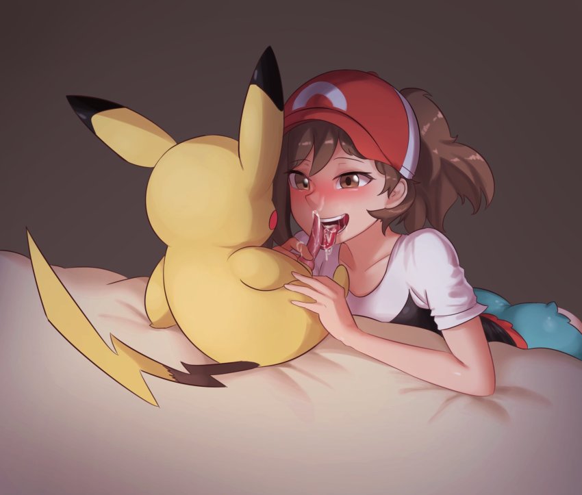 1girl animal_penis baseball_cap bed bestiality blush brown_eyes brown_hair chikaretsu collarbone commentary creatures_(company) cum cum_in_mouth cum_on_tongue elaine_(pokemon) eyelashes game_freak gen_1_pokemon green_shorts hat highres indoors long_hair nintendo on_bed open_mouth penis pikachu pokemon pokemon_(creature) pokemon_lgpe pokephilia red_headwear shirt short_sleeves shorts small_penis smile teeth testicles tongue tongue_out uncensored white_shirt