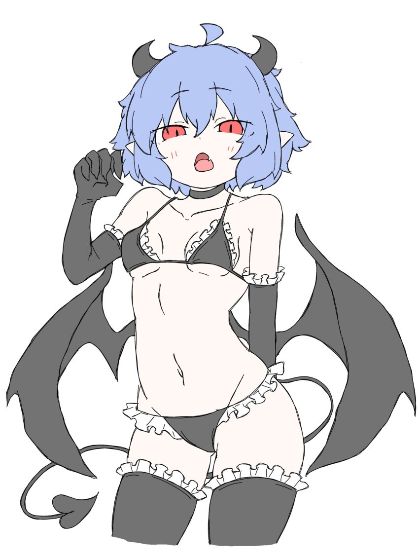 1girl bat_wings black_bra black_choker black_panties black_tail blue_hair bra breasts choker commentary_request cowboy_shot demon_horns demon_tail elbow_gloves fang frilled_bra frilled_gloves frilled_panties frilled_thighhighs frills fumomono gloves hair_between_eyes hand_up highres horns looking_at_viewer navel open_mouth panties pointy_ears red_eyes remilia_scarlet short_hair simple_background skin_fang small_breasts solo tail thighhighs touhou underwear white_background wings