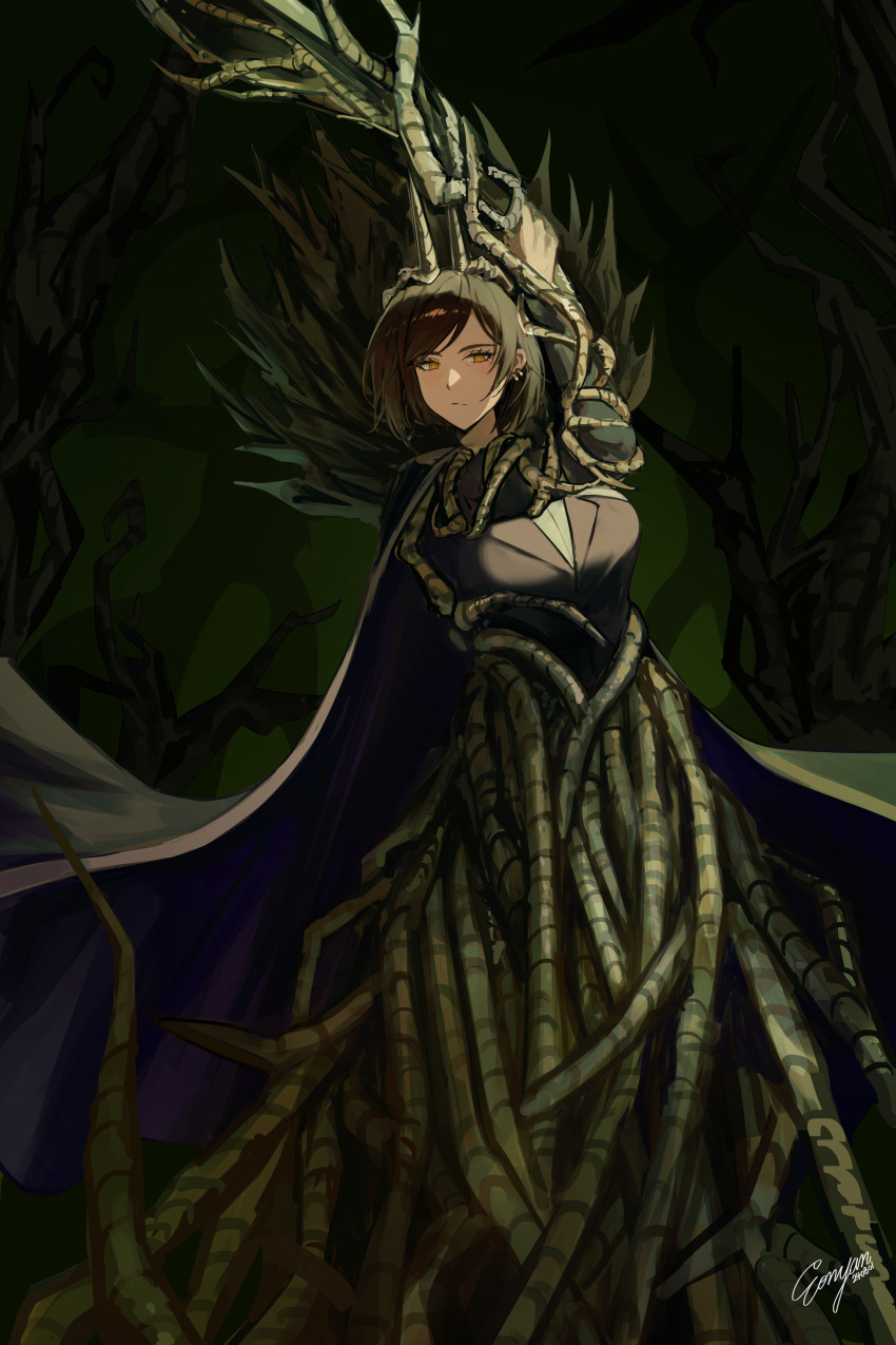 1girl absurdres arms_up black_dress brown_eyes brown_hair cape closed_mouth crown dress e.g.o_(project_moon) ebony_stem_(e.g.o) eonyan_(chaeyang) forest fur_collar highres horns limbus_company looking_at_viewer nature outis_(project_moon) plant_roots project_moon purple_cape short_hair solo wing_collar