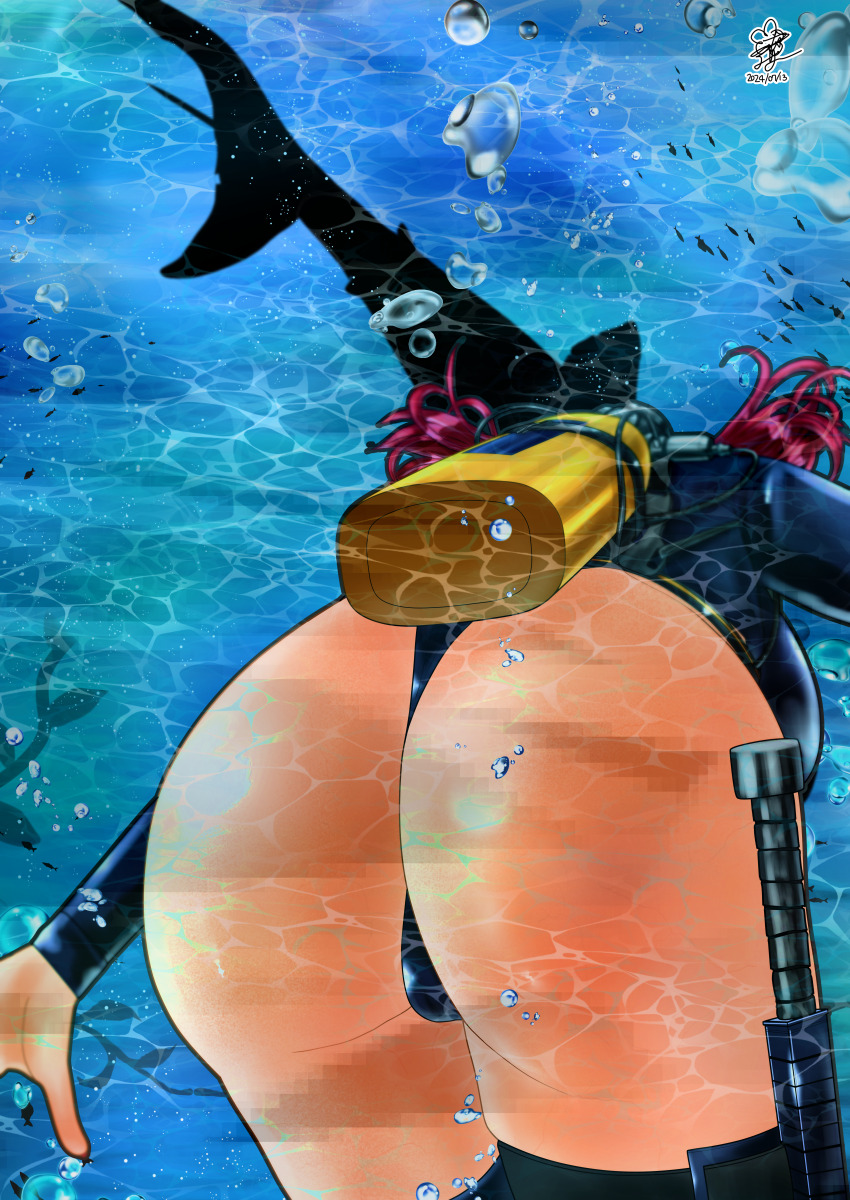 1girl 2024 :o absurdres artist_request ass ass_focus belt black_thighhighs black_wetsuit bodysuit breasts brown_eyes cameltoe crotch curvy dated diving_mask diving_mask_on_head diving_regulator diving_suit fang goddess_of_victory:_nikke goggles goggles_on_head highleg highleg_one-piece_swimsuit highres huge_ass large_breasts mast_(mast_the_diver)_(nikke) mast_(nikke) one-piece_swimsuit open_mouth oxygen_tank red_hair shark shiny_skin skin_fang skin_tight skindentation solo swimming swimsuit thick_thighs thighhighs thighs thong_one-piece_swimsuit tight_clothes underwater water wet wetsuit wide_hips