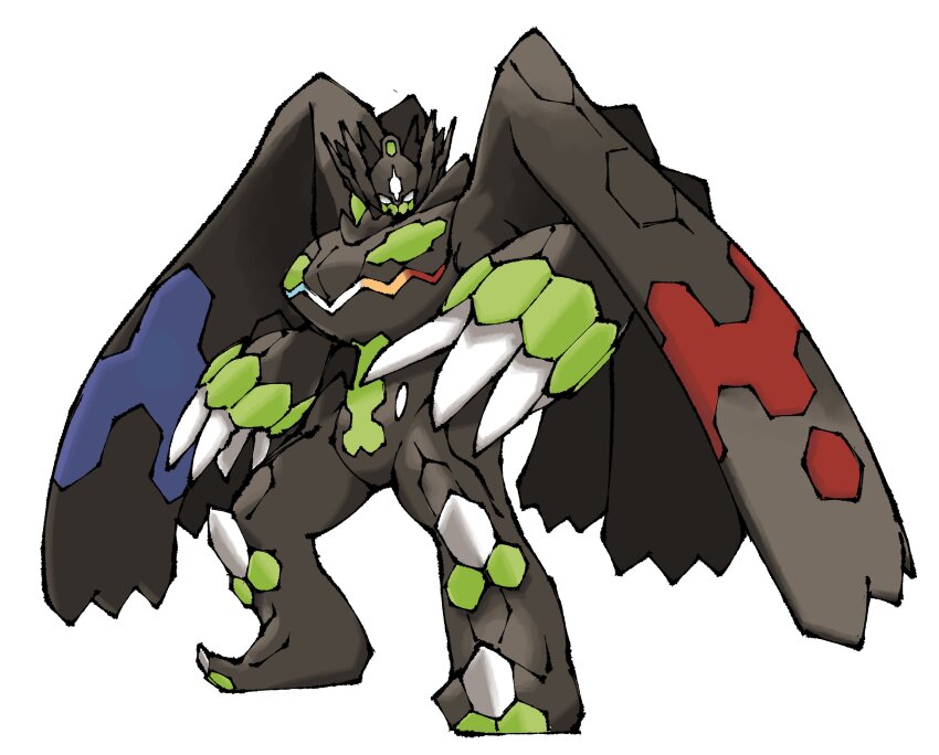 absurdres claws commentary creatures_(company) english_commentary full_body game_freak gen_6_pokemon highres legendary_pokemon nintendo no_humans pokemon pokemon_(creature) pokemon_focus pr_quote simple_background solo standing white_background wings zygarde zygarde_(complete)