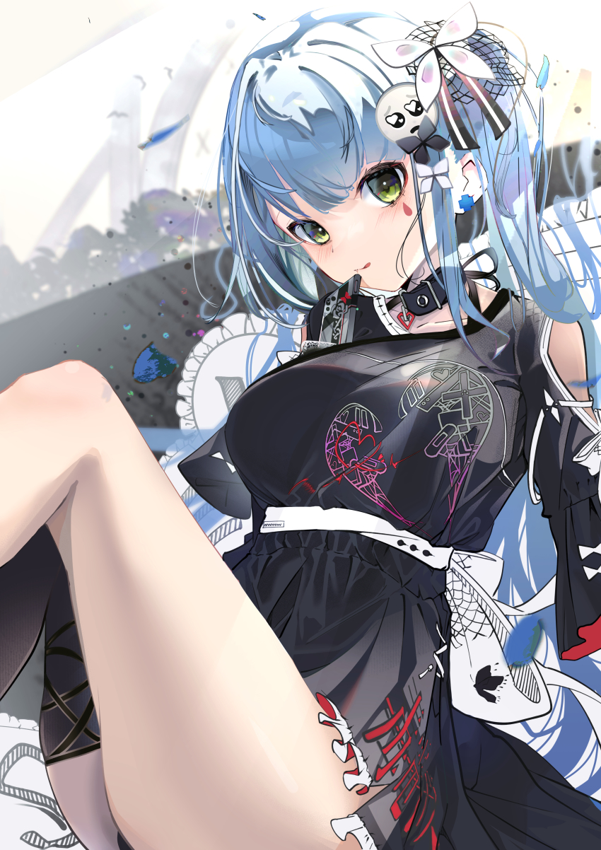 1girl absurdres asymmetrical_legwear bad_id bad_pixiv_id belt_bow black_choker black_dress black_panties blunt_bangs bow breasts cellphone choker closed_mouth commentary_request cushion dress facial_mark facial_tattoo girls&#039;_frontline green_eyes hair_net hair_ornament hair_ribbon hairclip head_tilt heart heart_choker heart_print highres hk416_(girls&#039;_frontline) knees_up large_breasts leather_choker legs_together licking_lips looking_at_viewer on_bed panties phone ponytail ribbon short_dress sidelocks silver_hair sitting smartphone solo soranagi_(una123) tattoo teardrop teardrop_tattoo thighhighs thighs tongue tongue_out underwear white_bow white_ribbon