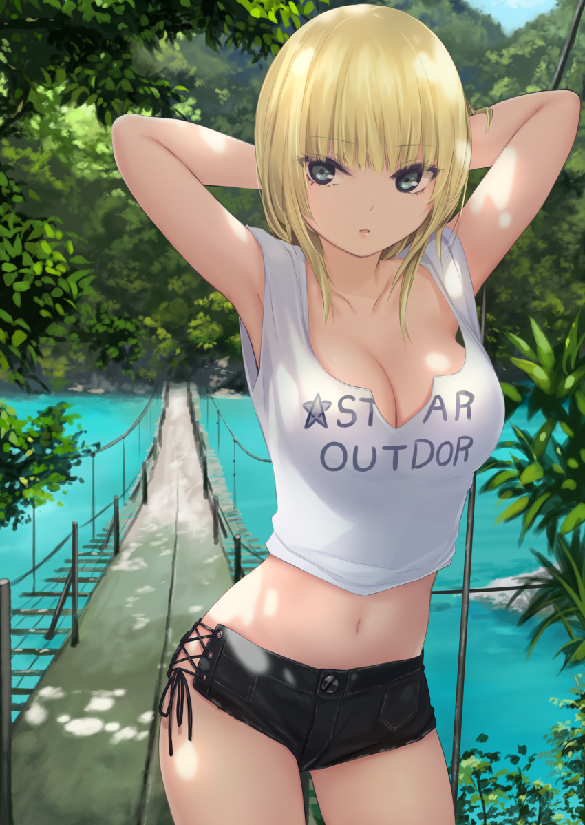 1girl armpits arms_behind_head arms_up bare_arms bare_shoulders black_shorts blonde_hair blue_eyes breasts bridge cleavage clothes_writing coffee-kizoku collarbone commentary_request cowboy_shot crop_top dappled_sunlight day english_text engrish_text highres large_breasts legs long_hair looking_at_viewer mele_retanagua midriff nature navel original outdoors parted_lips ranguage river rope_bridge shirt short_shorts shorts sleeveless sleeveless_shirt solo standing stomach sunlight thighs water white_shirt