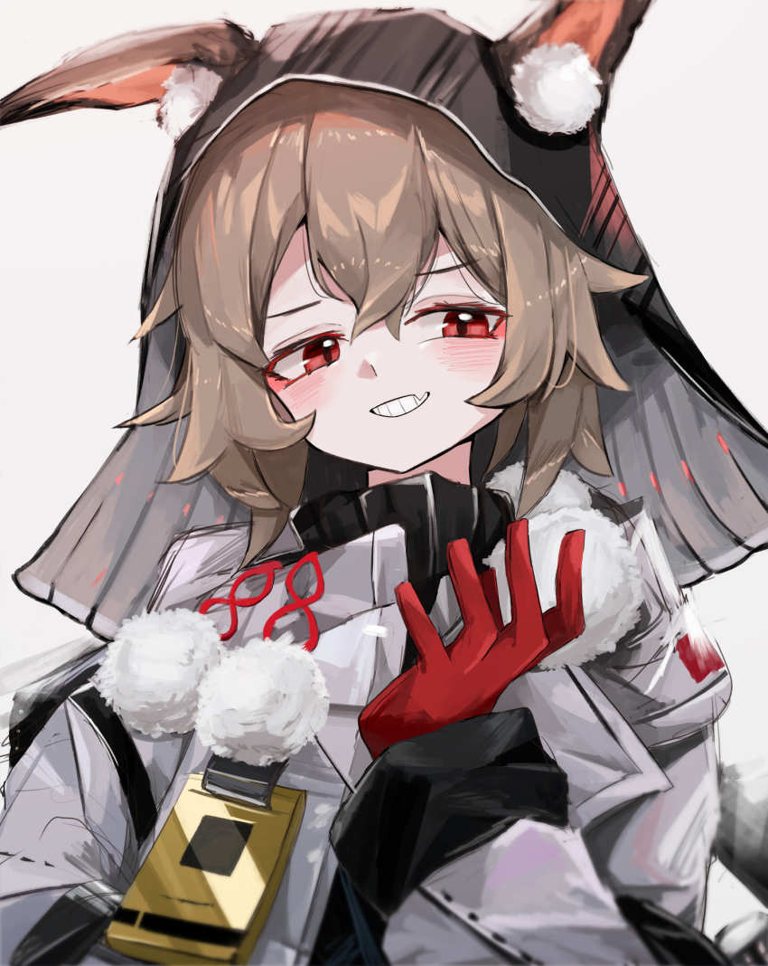 1girl animal_ears arknights brown_hair caper_(arknights) commentary fang gloves grey_background grey_jacket grin hair_between_eyes hand_up highres jacket kari90909 long_sleeves looking_at_viewer pom_pom_(clothes) red_eyes red_gloves short_hair simple_background skin_fang smile solo teeth upper_body