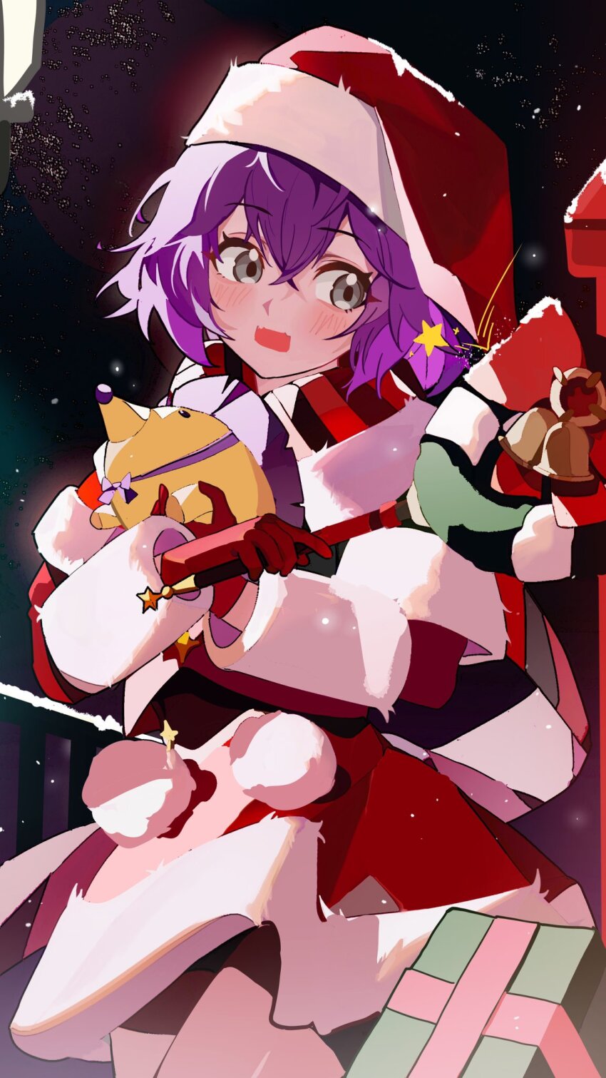 1girl bell bernadetta_von_varley bernadetta_von_varley_(winter) bike_shorts blush capelet christmas christmas_wreath dress fire_emblem fire_emblem:_three_houses fire_emblem_heroes fur-trimmed_headwear fur_trim gbbgb321 gloves grey_eyes hat hedgehog highres nintendo official_alternate_costume pom_pom_(clothes) purple_hair red_capelet red_gloves santa_costume santa_dress santa_hat scarf short_hair skirt solo star_(symbol) stuffed_hedgehog wrapping_paper wreath