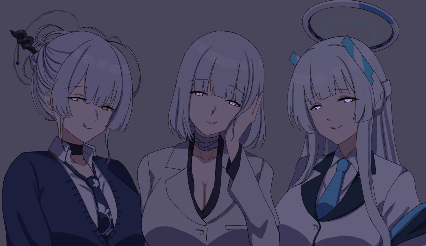 3girls absurdres bandaged_neck bandages black_choker blue_archive blue_necktie breasts business_suit choker collared_shirt crossover cyka formal_clothes girls&#039;_frontline grey_eyes grey_hair grey_suit halo headgear highres itokonoue_kaoru large_breasts licking_lips looking_at_viewer mechanical_halo multiple_girls necktie noa_(blue_archive) official_alternate_costume project_kv purple_eyes purple_shirt rpk-16_(girls&#039;_frontline) rpk-16_(renate)_(girls&#039;_frontline) shirt smile suit tongue tongue_out trait_connection white_halo white_shirt white_suit