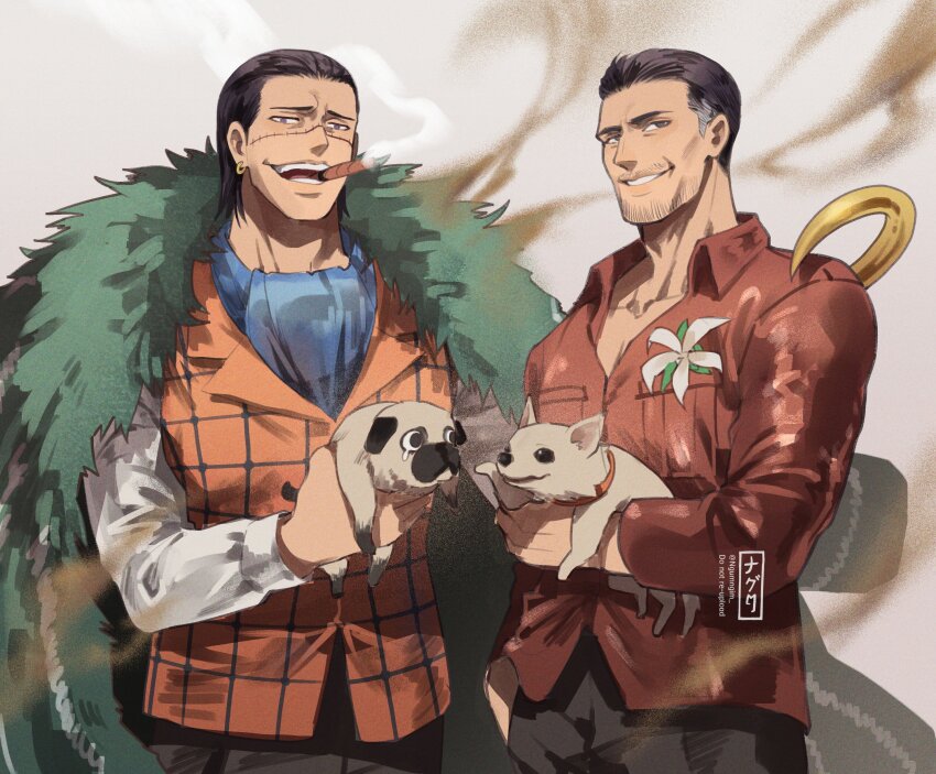 2boys absurdres animal cigarette coat crocodile_(one_piece) cropped_legs dog facial_hair fur_coat geokinesis goatee_stubble highres holding holding_animal hook_hand joe_manganiello mature_male multiple_boys ngumngim one_piece one_piece_(live_action) orange_vest real_life red_shirt sand shirt short_hair smile stubble vest