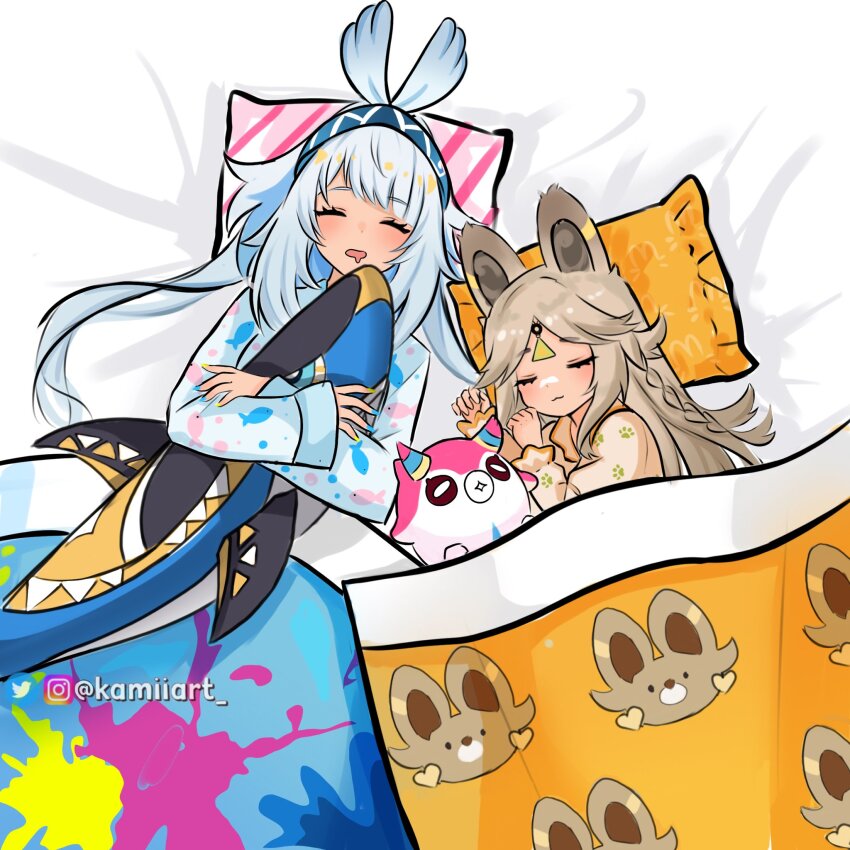 2girls animal_ears animal_print blanket blue_hair blue_hairband brown_hair closed_mouth fish_print genshin_impact hairband highres kachina_(genshin_impact) kamiiart long_hair lying mualani_(genshin_impact) multicolored_hair multiple_girls open_mouth pajamas pillow sleeping white_hair white_pajamas