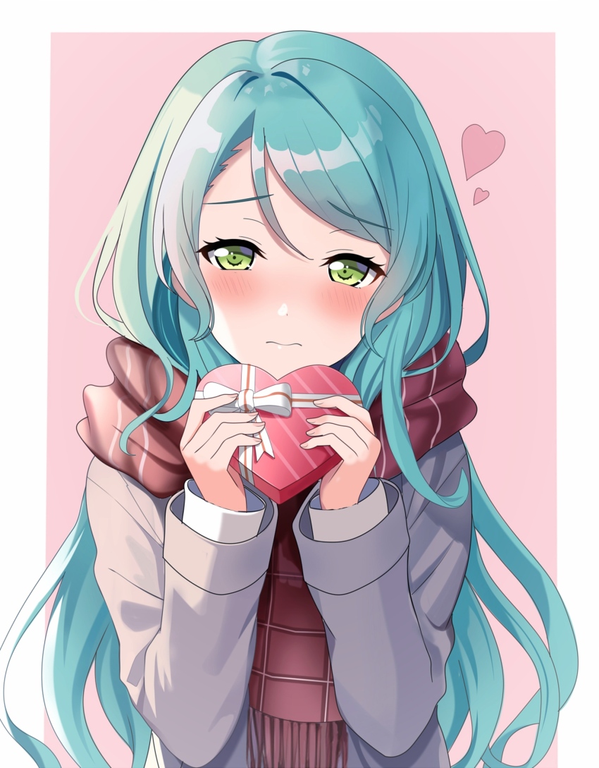 1girl aqua_hair bang_dream! blue_hair blush box checkered_clothes checkered_scarf commentary embarrassed english_commentary enpera fries_vanquisher gift gift_box green_eyes grey_jacket heart heart-shaped_box highres hikawa_sayo holding holding_gift incoming_gift jacket layered_clothes long_hair long_sleeves looking_at_viewer ribbon scarf solo two-tone_background upper_body valentine