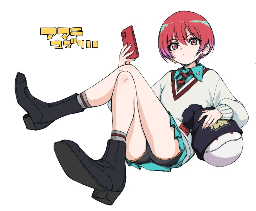 1girl amate_yuzuriha aqua_skirt black_panties boots cellphone collared_shirt commentary_request crossed_legs earrings expressionless flat_chest full_body gundam gundam_gquuuuuux hamao haro highres holding holding_phone jewelry miniskirt necktie panties phone red_eyes red_hair shirt short_hair skirt smartphone solo stud_earrings sweater underwear