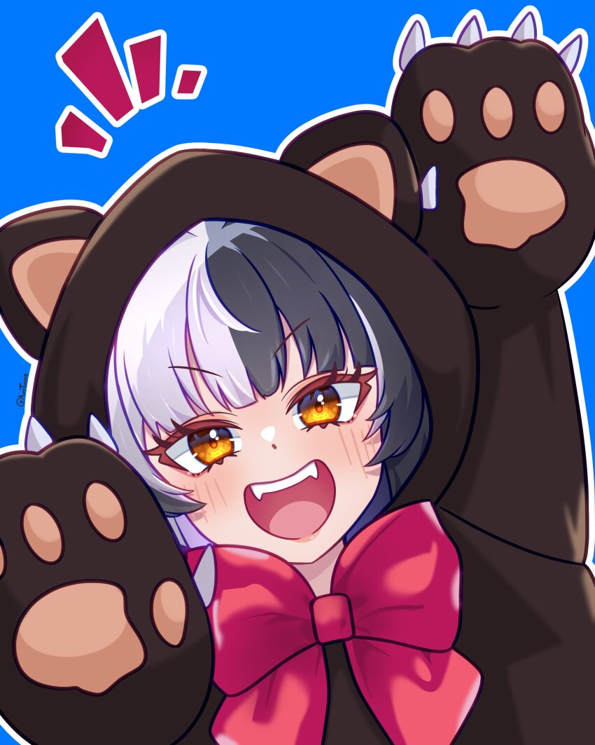 1girl absurdres animal_costume animal_ears animal_hood arm_up avotoons bear_costume bear_ears bear_hood bear_paws black_hair blue_background bow fangs grey_hair hashtag-only_commentary highres hololive hololive_english hood multicolored_hair open_mouth red_bow shiori_novella simple_background solo split-color_hair teeth two-tone_hair upper_teeth_only virtual_youtuber yellow_eyes