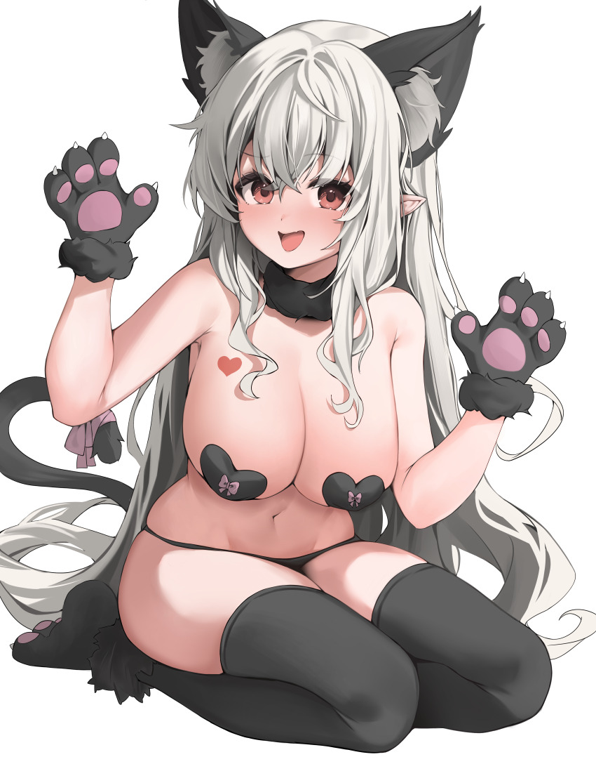 1girl absurdres animal_ears animal_hands armpits bare_arms bare_shoulders black_panties black_thighhighs breasts cat_ears cat_girl cat_tail cleavage commission extra_ears fur_collar gloves hands_up heart_pasties highres kiro_(kirotayu) large_breasts long_hair looking_at_viewer navel open_mouth original panties pasties paw_gloves paw_pose pointy_ears raised_eyebrow red_eyes second-party_source seiza simple_background sitting smile solo stomach string_panties tail thighhighs thighs underwear very_long_hair white_background white_hair