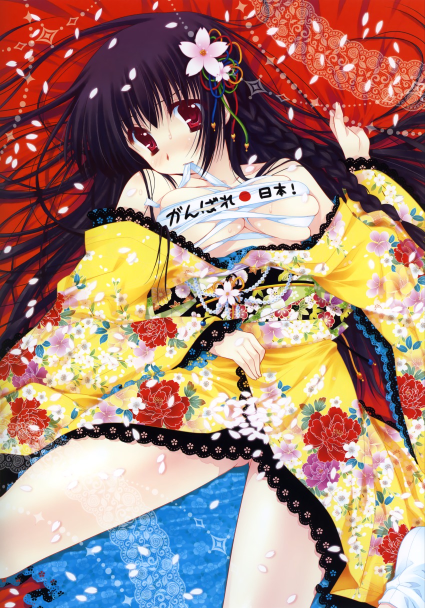 1girl absurdres araiguma bed_sheet black_hair braid breasts floral_print flower hair_flower hair_ornament head_tilt highres huge_filesize japanese_clothes kimono large_breasts looking_at_viewer lying mouth_hold on_back open_clothes open_kimono red_eyes sarashi sheet_grab spread_legs tareme