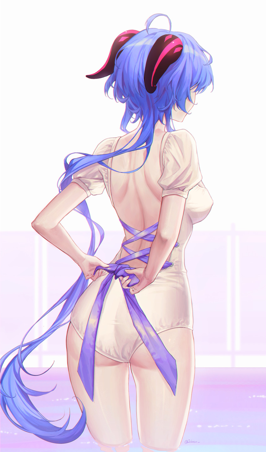 1girl absurdres adjusting_clothes ahoge ass back backless_outfit blue_bow blue_hair blue_ribbon bow dress from_behind ganyu_(genshin_impact) genshin_impact highres horns idasu_(hyun9164) long_hair partially_submerged purple_eyes ribbon solo standing very_long_hair white_dress