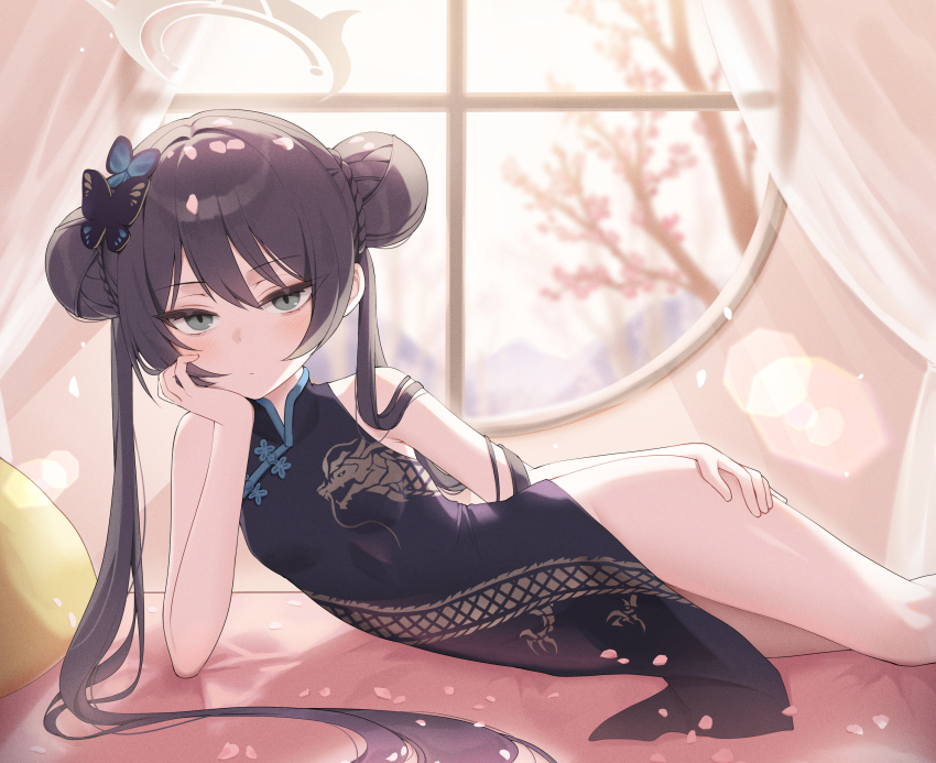 1girl arm_support black_dress blue_archive blush braid braided_bun butterfly_hair_ornament china_dress chinese_clothes closed_mouth ddungddang double_bun dragon_print dress grey_eyes grey_halo hair_bun hair_ornament halo hand_on_own_thigh highres kisaki_(blue_archive) long_hair looking_at_viewer lying on_side sleeveless sleeveless_dress solo thighs twintails