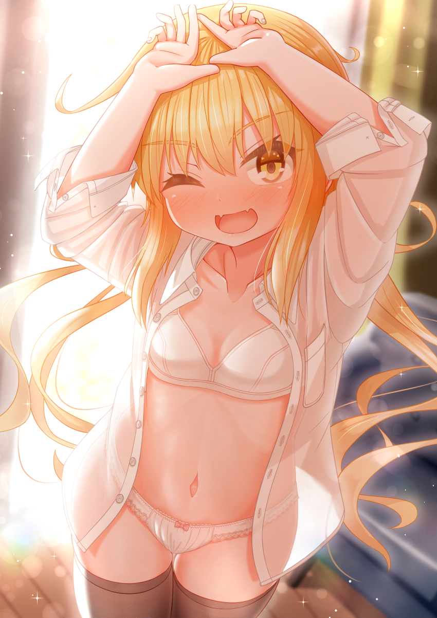 1girl absurdres black_thighhighs blonde_hair borrowed_clothes bra breasts collarbone highres indoors kantai_collection long_hair navel one_eye_closed open_clothes open_shirt panties satsuki_(kancolle) small_breasts solo sunlight suzushiro_(gripen39) thighhighs twintails underwear white_bra white_panties yellow_eyes