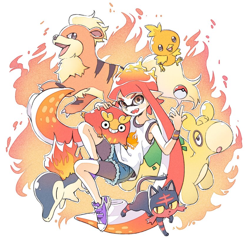 1girl black_shorts blue_shorts brown_eyes color_connection creatures_(company) crossover cyndaquil darumaka denim denim_shorts fangs fiery_hair fire flame_print floating floating_hair floating_object game_freak gen_1_pokemon gen_2_pokemon gen_3_pokemon gen_5_pokemon gen_7_pokemon growlithe hands_up highres inkling_girl inkling_player_character knees_up litten long_hair looking_at_viewer nintendo numel object_floating_above_hand open_mouth orange_theme pointy_ears poke_ball pokemon pokemon_(creature) print_shirt purple_footwear red_hair sen_squid shirt shorts shorts_under_shorts splatoon_(series) splatoon_1 sweatband tank_top third-party_source torchic v-shaped_eyebrows very_long_hair watercolor_effect white_background white_tank_top wristband