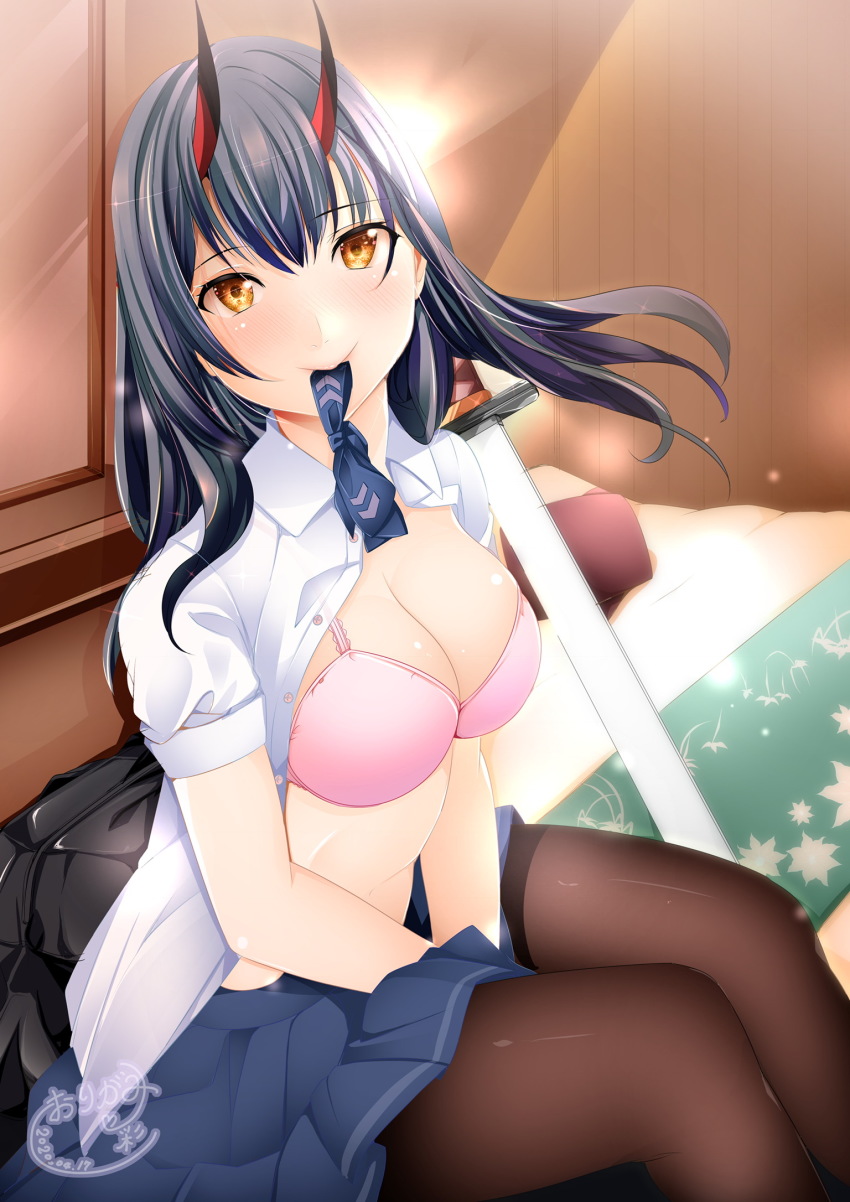 1girl azur_lane bed black_hair blue_skirt blush bowtie unworn_bowtie bra breasts hair_between_eyes highres horns indoors long_hair looking_at_viewer medium_breasts mouth_hold oni_horns open_clothes open_shirt origami_aya pantyhose pink_bra pleated_skirt purple_neckwear red_horns shirt sitting skirt suzuya_(azur_lane) thighband_pantyhose underwear white_shirt yellow_eyes