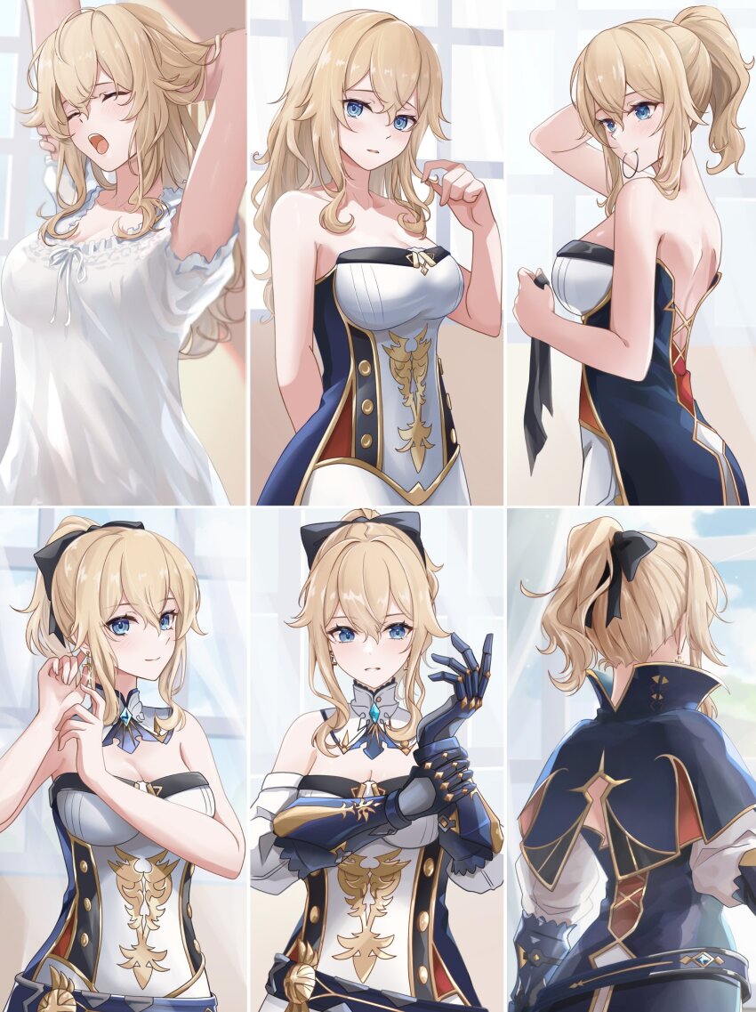 1girl ^_^ alternate_hairstyle arm_behind_back arm_behind_head arms_up bare_arms bare_shoulders belt black_bow blonde_hair blue_capelet blue_eyes blush bow breasts capelet cleavage closed_eyes collarbone commentary_request cowboy_shot cross cross_earrings detached_collar detached_sleeves earrings from_behind gauntlets genshin_impact glint gold_trim hair_between_eyes hair_bow hair_down hair_tie_in_mouth hand_in_own_hair hand_on_chair hand_up highres holding holding_own_hair holding_own_wrist indoors jean_(genshin_impact) jewelry large_breasts light_blush long_hair long_sleeves looking_at_viewer looking_outside medium_breasts medium_hair messy_hair mon-chan morning mouth_hold multiple_views open_mouth pants parted_lips ponytail shirt sidelocks simple_background smile solo standing strapless strapless_shirt stretching teeth upper_body upper_teeth_only white_background white_pants white_shirt window yawning