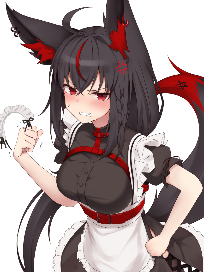 1girl absurdres alternate_costume anger_vein angry animal_ear_fluff animal_ears apron belt black_dress black_hair braid breasts clenched_hands clenched_teeth commentary_request dress enmaided fox_ears fox_girl fox_tail frilled_apron frills hand_on_own_hip hand_up highres holding hololive kurokami_fubuki long_hair looking_at_viewer maid maid_headdress micon multicolored_hair puffy_short_sleeves puffy_sleeves red_belt red_eyes red_hair short_dress short_sleeves side_braid sidelocks simple_background solo streaked_hair sweatdrop tail teeth unworn_headwear v-shaped_eyebrows very_long_hair virtual_youtuber waist_apron white_apron white_background