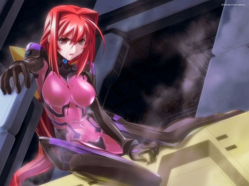 1girl ahoge blood bodysuit bou_(inubou) bow breasts covered_navel female_focus fortified_suit hair_bow hair_intakes highres kagami_sumika large_breasts long_hair muv-luv muv-luv_alternative pilot_suit red_eyes red_hair solo steam very_long_hair watermark