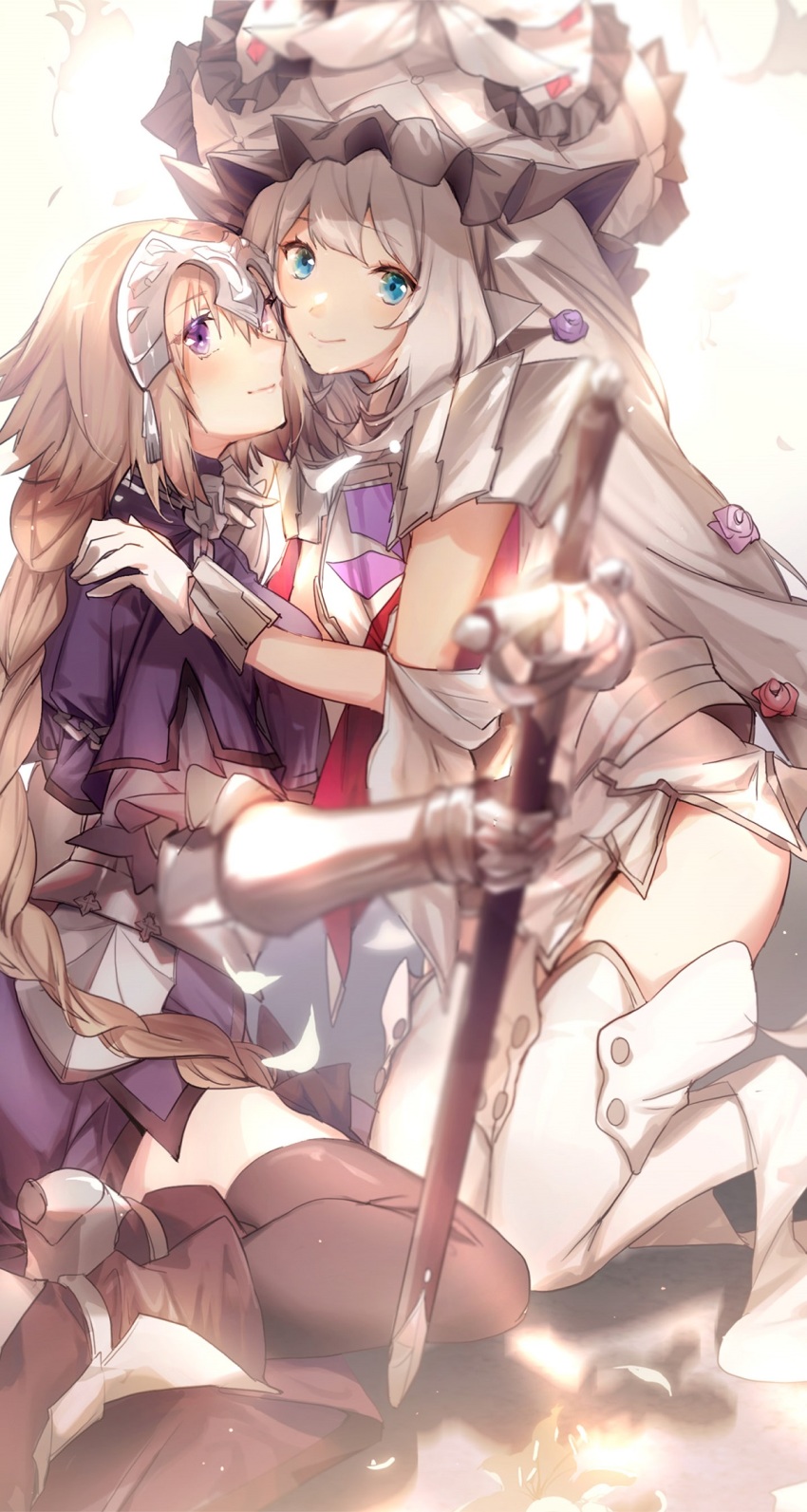 2girls armor armored_dress black_bow black_legwear blonde_hair blue_dress blue_eyes blurry blurry_foreground boots bow braid braided_ponytail chain closed_mouth dress fate_(series) faulds gloves hair_between_eyes hair_bow hand_on_another&#039;s_shoulder hat headpiece highres holding holding_sheath jeanne_d&#039;arc_(fate) jeanne_d&#039;arc_(ruler)_(fate) kneeling long_hair marie_antoinette_(fate) marie_antoinette_(third_ascension)_(fate) multiple_girls no-kan ponytail purple_eyes sheath sheathed shiny_clothes shiny_legwear short_dress silver_hair simple_background sitting smile sword thigh_boots thighhighs very_long_hair weapon white_background white_dress white_footwear white_gloves white_headwear yuri