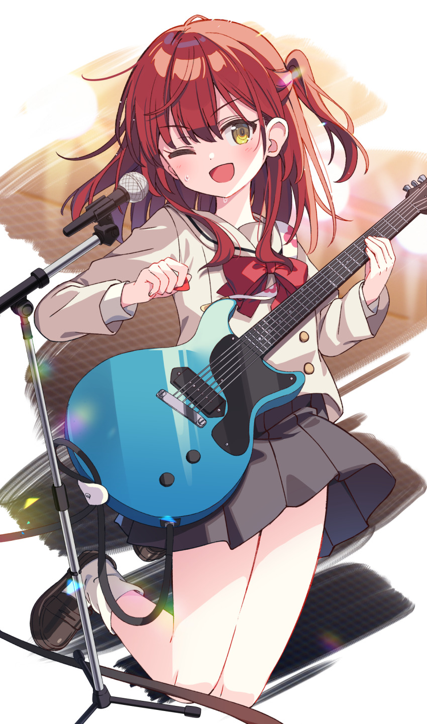 1girl blush bocchi_the_rock! bow bowtie brown_jacket brown_shoes buttons commentary full_body grey_skirt guitar highres holding holding_guitar holding_instrument instrument jacket jumping kita_ikuyo loafers long_sleeves looking_at_viewer microphone microphone_stand one_eye_closed one_side_up open_mouth pleated_skirt plectrum red_bow red_bowtie red_hair sailor_collar school_uniform shirt shoes shuka_high_school_uniform simple_background skirt smile socks solo white_background white_sailor_collar white_shirt white_socks yellow_eyes zoirun