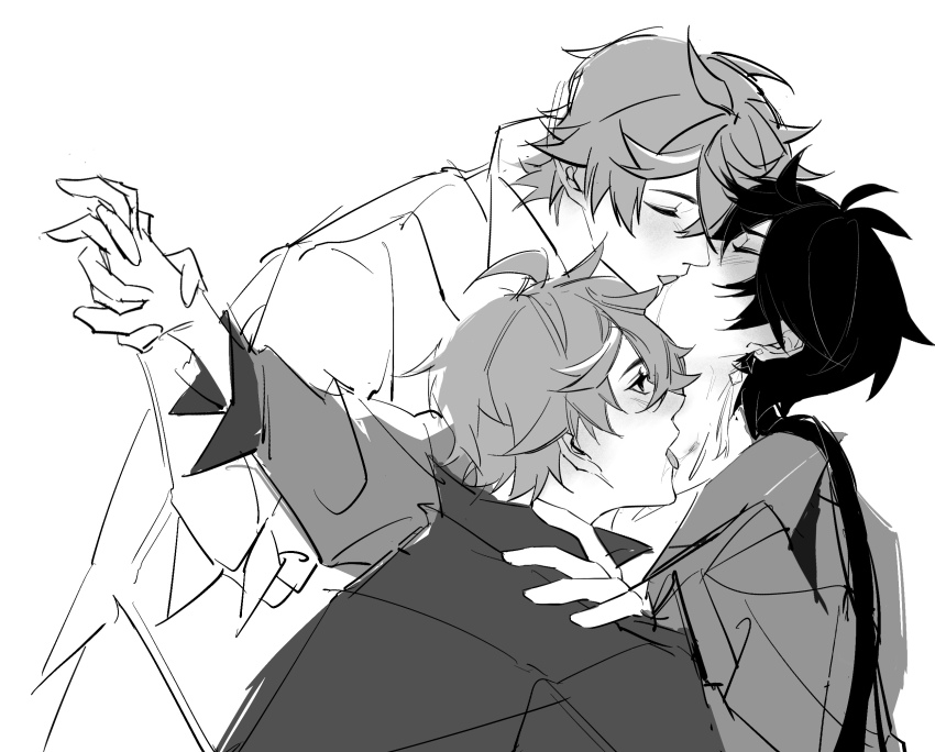 1316306706 2boys blush deep_kiss french_kiss genshin_impact greyscale group_sex hickey hickey_marks highres intertwined_hands kiss monochrome multiple_boys tartaglia_(genshin_impact) threesome white_background yaoi zhongli_(genshin_impact)