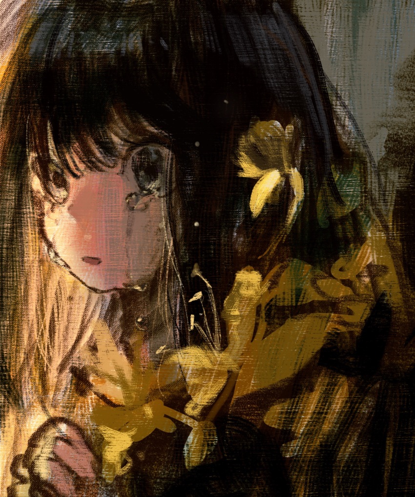 1girl black_eyes black_hair black_shirt blonde_hair canvas_texture chinese_commentary colored_inner_hair commentary_request commission crying crying_with_eyes_open flower highres long_hair multicolored_hair open_mouth original portrait shirt solo tears vihua6 yellow_flower