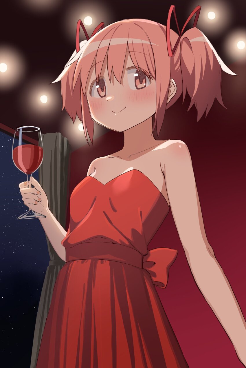 1girl absurdres back_bow bare_shoulders bow cocoa_(ultra_mdk) collarbone cup curtains dress drinking_glass highres holding holding_cup kaname_madoka lamp light_blush looking_at_viewer mahou_shoujo_madoka_magica mahou_shoujo_madoka_magica_(anime) pink_eyes pink_hair red_dress short_twintails sleeveless sleeveless_dress smile solo strapless strapless_dress twintails wine_glass