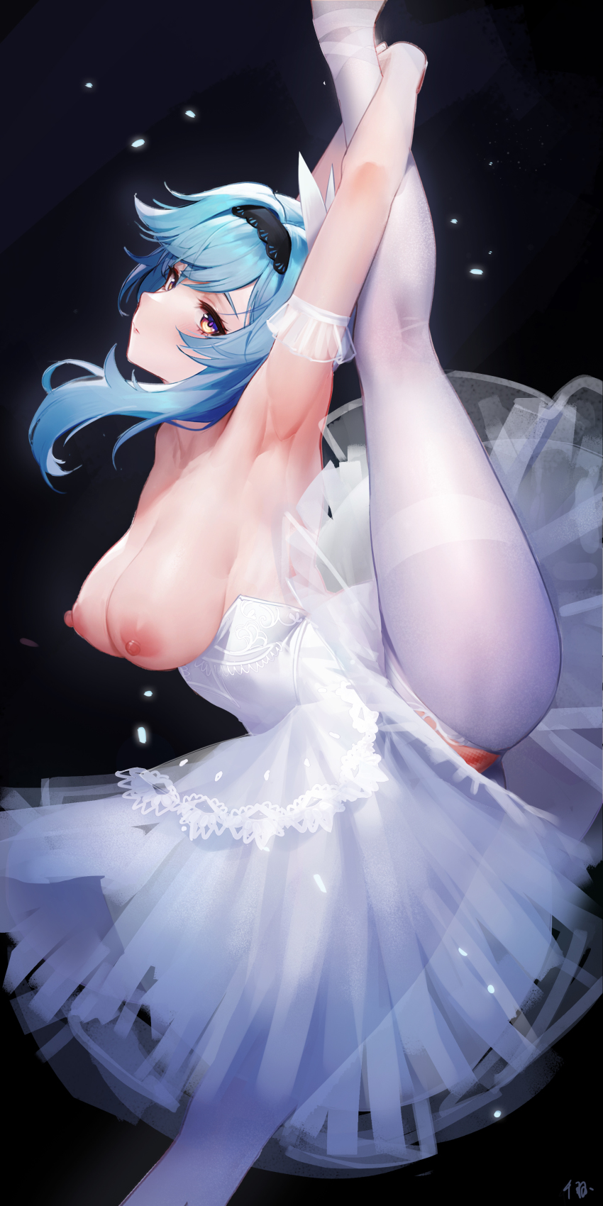 1girl absurdres arm_strap armpits arms_up ballet_dress black_background black_hairband blue_hair breasts breasts_out butterfly_hair_ornament censored cleavage closed_mouth dress eula_(genshin_impact) genshin_impact hair_ornament hairband highres large_breasts long_hair looking_at_viewer mosaic_censoring nipples pantyhose purple_eyes pussy senba_(592683801) signature solo split standing standing_on_one_leg standing_split thighband_pantyhose torn_clothes torn_pantyhose white_dress white_pantyhose