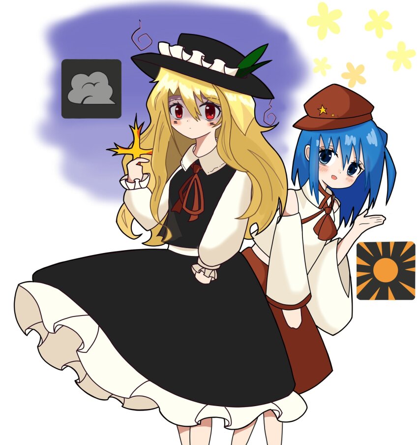 0ff_lakbi 2girls ascot black_hat black_skirt black_vest blonde_hair blue_eyes blue_hair collared_shirt cross detached_sleeves dolls_in_pseudo_paradise frilled_hat frills hat hat_feather highres holding holding_cross jacket_girl_(dipp) label long_hair long_sleeves multiple_girls neck_ribbon red_ascot red_eyes red_hat red_ribbon red_skirt ribbon shirt simple_background skirt skirt_set touhou upper_body very_long_hair vest white_shirt wide_sleeves