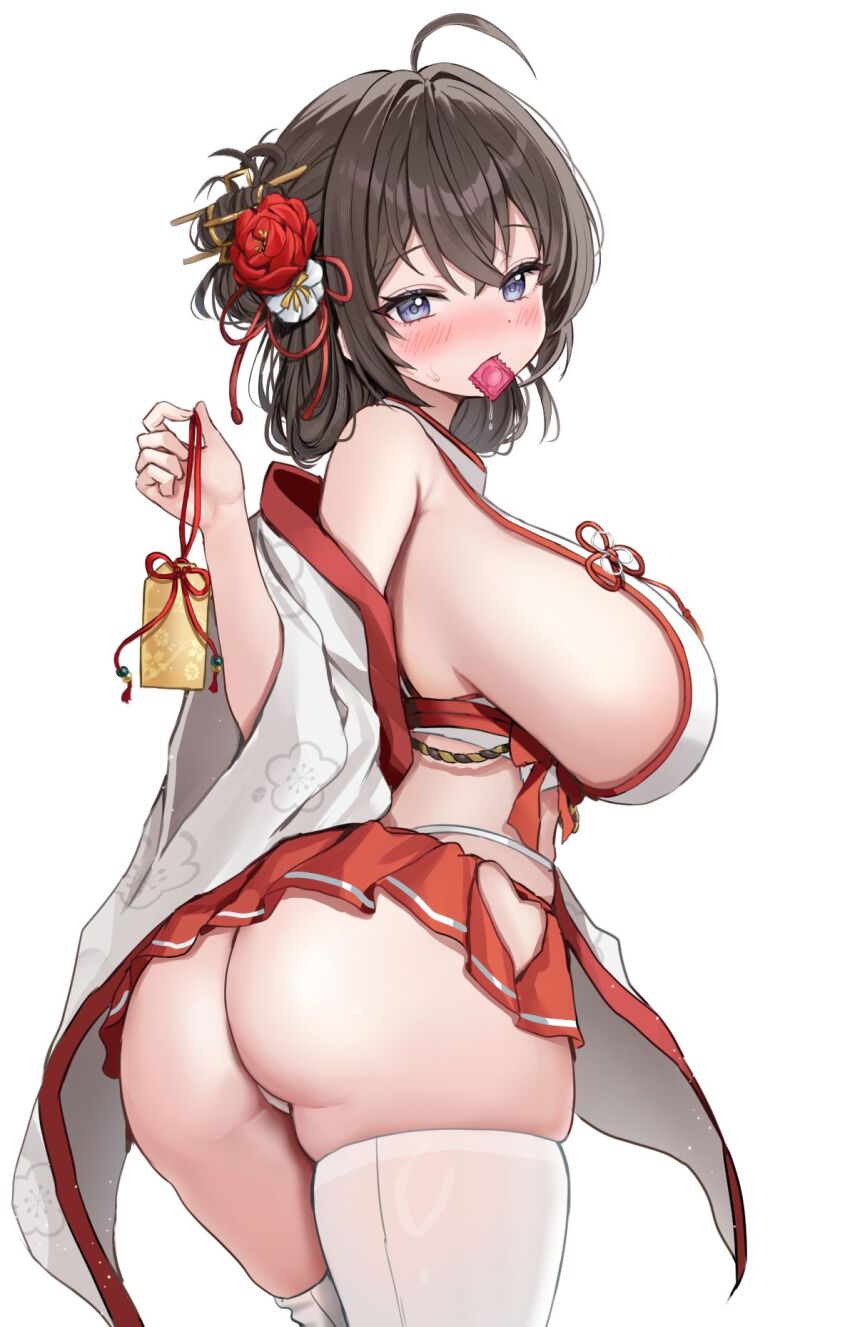 1girl ahoge ass bare_shoulders blue_eyes blush breasts brown_hair condom condom_in_mouth condom_wrapper flower hair_flower hair_ornament hand_up highres huge_breasts japanese_clothes kubong large_breasts long_hair looking_at_viewer mouth_hold nontraditional_miko original shirt sideboob simple_background smile solo takamiya_keika thighhighs thighs white_background white_shirt white_thighhighs wide_sleeves