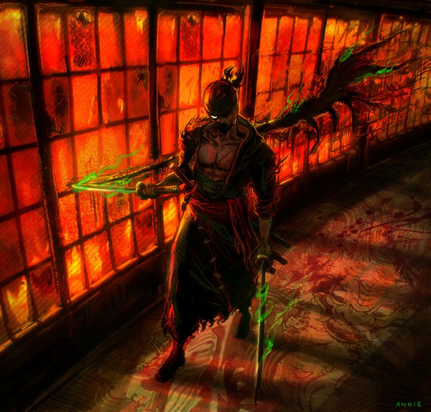 1boy absurdres anniechromes aura bandana black_bandana blood blood_on_ground dark_aura dragon_print facial_scar from_above haki haramaki highres holding holding_sword holding_weapon japanese_clothes kimono looking_at_viewer male_focus one_piece red_theme roronoa_zoro sash scar scar_on_cheek scar_on_face shade shaded_face sheath sheathed short_hair shouji signature single_wing sliding_doors solo sword walking weapon wings