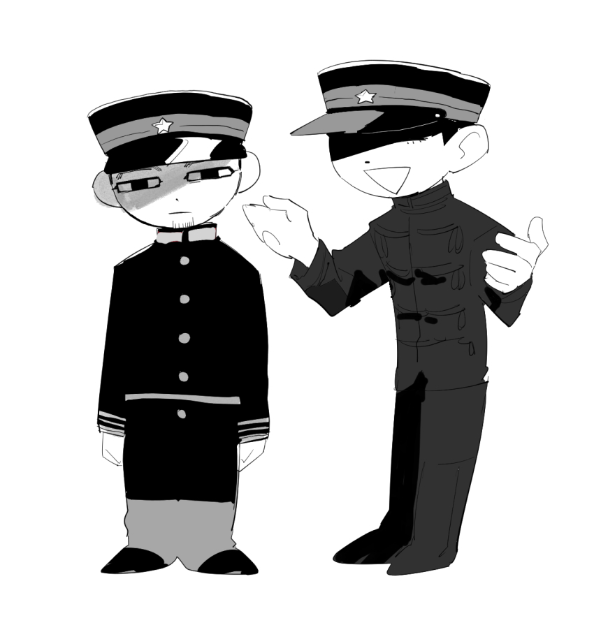 2boys apios arms_at_sides buttons closed_mouth covered_eyes facial_hair facing_another full_body golden_kamuy greyscale half-closed_eyes hanazawa_yusaku hands_up happy hat highres jacket long_sleeves looking_at_viewer male_focus military military_uniform monochrome multiple_boys ogata_hyakunosuke open_mouth pants peaked_cap shoes simple_background sketch smile standing star_(symbol) stubble white_background