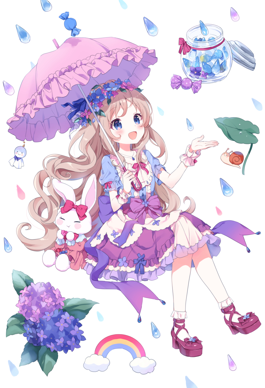 1girl :d absurdres ankle_socks ankle_strap back_bow blue_eyes blue_shirt blush bobby_socks bow buchi_(y0u0ri_) candy curly_hair flower flower_hairband food frilled_skirt frills full_body hands_up happy highres holding holding_umbrella hydrangea layered_skirt light_brown_hair long_hair looking_ahead lotus_leaf mary_janes medium_skirt neck_ribbon open_mouth original parasol pink_ribbon pink_umbrella purple_bow purple_skirt rain red_footwear ribbon scrunchie shirt shoes short_sleeves simple_background sitting skirt smile snail socks solo stuffed_animal stuffed_rabbit stuffed_toy three_quarter_view umbrella very_long_hair white_background white_scrunchie white_socks wrist_scrunchie