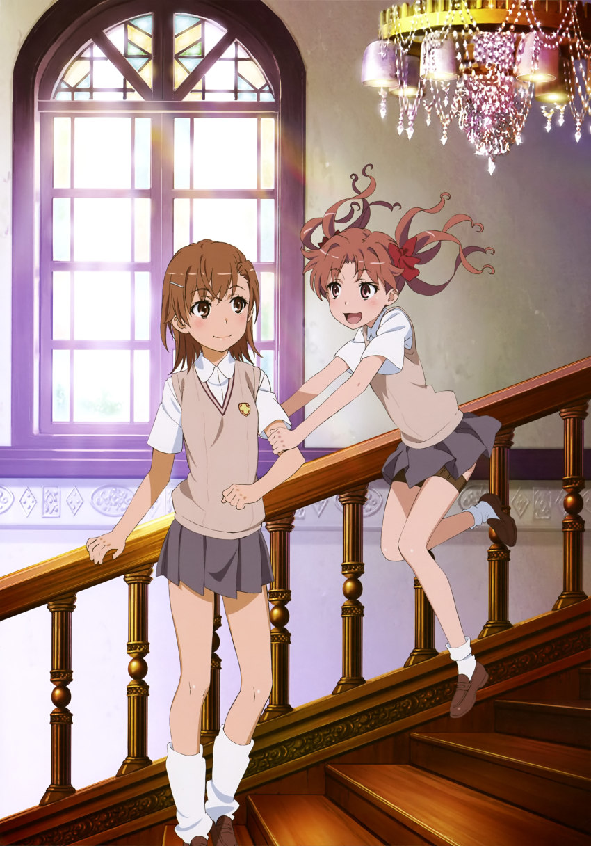 2girls :d absurdres bow brown_eyes brown_footwear brown_hair chandelier closed_mouth collared_shirt dress_shirt eye_contact female_focus floating_hair flower full_body grey_skirt hair_bow hair_flower hair_ornament highres indoors jumping loafers long_hair looking_at_another miniskirt misaka_mikoto multiple_girls open_mouth pleated_skirt red_bow school_uniform shirai_kuroko shirt shoes short_hair short_sleeves skirt smile socks stairs standing sweater_vest tanaka_yuuichi thigh_strap toaru_kagaku_no_railgun toaru_kagaku_no_railgun_t toaru_majutsu_no_index tokiwadai_school_uniform twintails white_flower white_shirt white_socks wing_collar