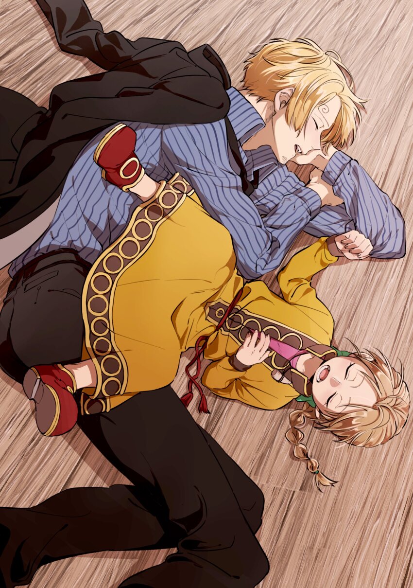 1boy 1girl apis_(one_piece) black_necktie black_pants blonde_hair blue_shirt braid braided_ponytail commentary_request curly_eyebrows dress facial_hair goatee_stubble goma1132 highres light_brown_hair necktie one_piece pants profile sanji_(one_piece) shirt short_hair sleeping striped_clothes striped_shirt stubble vertical-striped_clothes vertical-striped_shirt yellow_dress