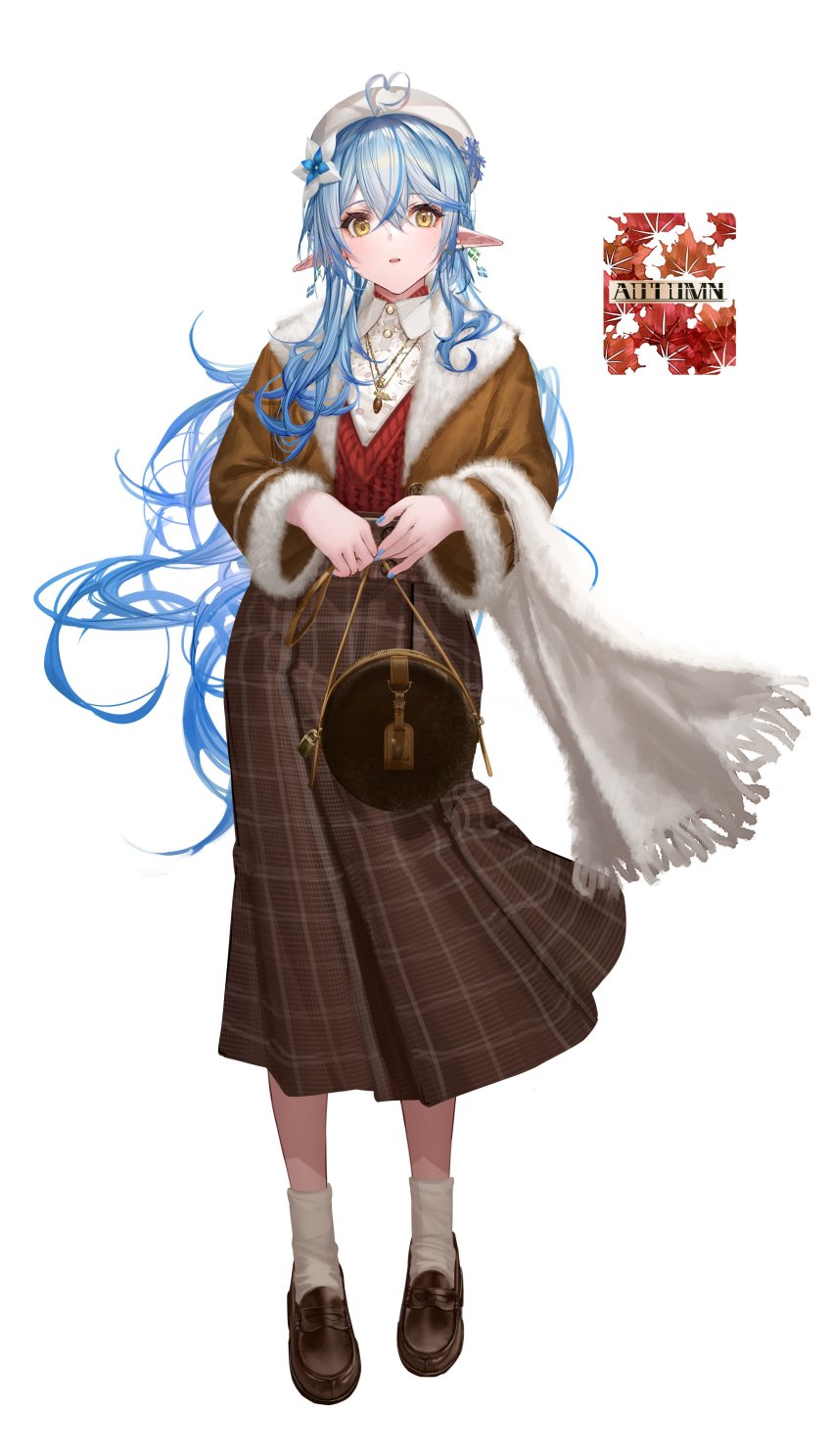 1girl absurdres ahoge alternate_costume bag beret blue_hair blue_nails braid brown_coat brown_footwear brown_skirt coat colored_tips fingernails flower french_braid from_behind fur-trimmed_coat fur_trim hair_between_eyes hair_flower hair_ornament half_updo handbag hat heart heart_ahoge high-waist_skirt highres hololive loafers long_hair long_skirt looking_at_viewer multicolored_hair nail_polish parted_lips pleated_skirt pointy_ears red_sweater scarf shirt shoes simple_background skirt snowflake_hair_ornament socks solo streaked_hair sweater takubon unworn_scarf very_long_hair virtual_youtuber white_background white_hat white_shirt white_socks yellow_eyes yukihana_lamy