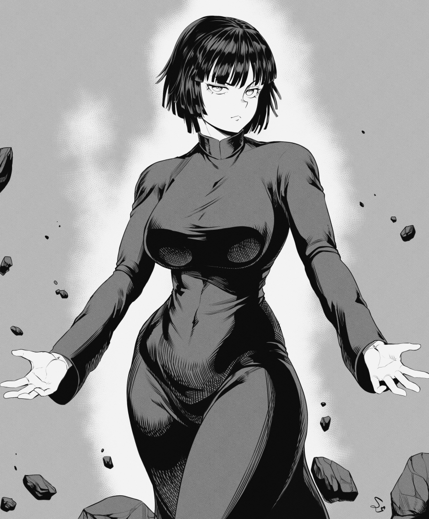 1girl absurdres aura bob_cut breasts collared_dress cowboy_shot crosshatching dress fubuki_(one-punch_man) greyscale hatching_(texture) highres hip_dips large_breasts long_sleeves looking_at_viewer monochrome one-punch_man open_hands signature simple_background speedl00ver thick_thighs thighs tight_clothes tight_dress