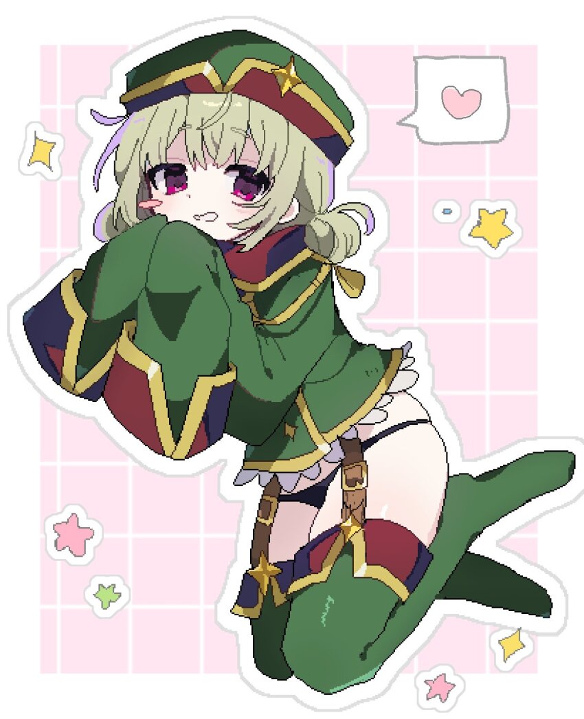 1girl black_panties blush blush_stickers double_bun flower_symbol full_body garter_straps gil_(gil_261) green_hair green_hat green_jacket green_theme hair_bun hat heart highres jacket leoparde_(mahou_shoujo_ni_akogarete) long_hair long_sleeves looking_at_viewer mahou_shoujo_ni_akogarete panties pink_eyes single_blush_sticker sleeves_past_fingers sleeves_past_wrists solo sparkle spoken_heart star_(symbol) thighhighs underwear very_long_hair