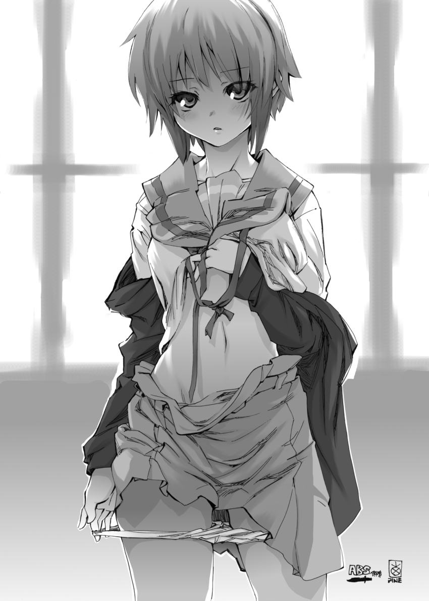 00s 1girl blush cardigan female_focus greyscale highres midriff monochrome nagato_yuki navel panties panty_pull pine_(pine-box) ribbon school_uniform serafuku short_hair skirt solo suzumiya_haruhi_no_yuuutsu underwear