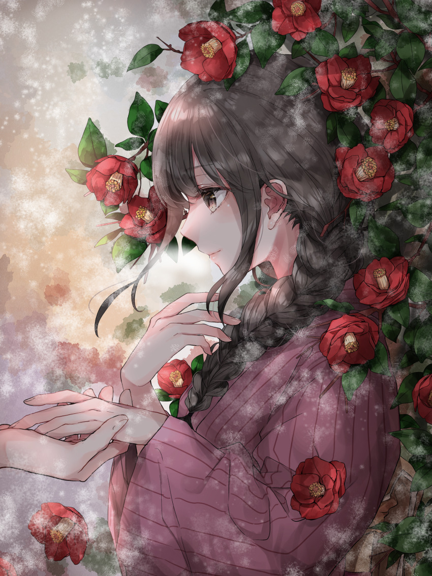 1girl 1other absurdres braid brown_eyes brown_hair camellia commentary_request flower highres leaf long_hair looking_at_another motimoti067 original pink_shirt profile red_flower shirt sidelocks wide_sleeves