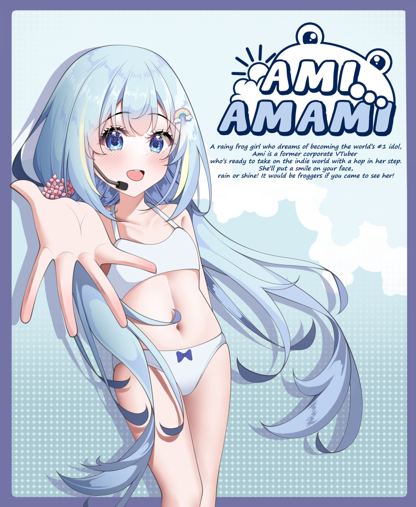 1girl absurdres amami_ami belly blue_eyes blue_hair blush blush_stickers bow bra character_name commission embarrassed flower hair_flower hair_ornament highres indie_virtual_youtuber jewelry long_hair looking_at_viewer microphone navel open_mouth outstretched_hand panties pendant prism_project ribbon simple_background smile thighs underwear underwear_only virtual_youtuber white_bra white_panties