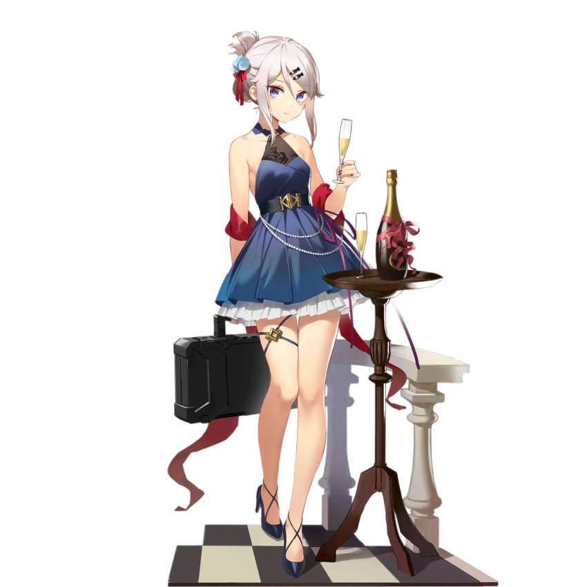 1girl 9a-91_(girls&#039;_frontline) 9a-91_(hidden_secret)_(girls&#039;_frontline) alcohol belt black_belt black_footwear blue_dress blue_eyes breasts champagne champagne_bottle champagne_flute checkered_floor closed_mouth cup dress drinking_glass fangdan_runiu fish_hair_ornament flower folded_ponytail full_body girls&#039;_frontline hair_between_eyes hair_flower hair_ornament hair_ribbon hairclip high_heels highres holding holding_case holding_cup light_smile looking_at_viewer medium_breasts no_socks official_alternate_costume official_art railing red_ribbon red_shawl ribbon shawl short_hair sidelocks simple_background sleeveless sleeveless_dress solo standing table thigh_strap third-party_source tile_floor tiles transparent_background weapon_case white_hair