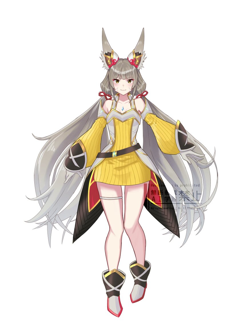 1girl absurdres animal_ear_fluff animal_ears blunt_bangs cat_ears chest_jewel detached_sleeves dress facial_mark gloves grey_hair highres jewelry k0oo_0 long_hair low_twintails nia_(xenoblade) puffy_detached_sleeves puffy_sleeves short_dress solo thighlet twintails very_long_hair watermark white_gloves xenoblade_chronicles_(series) xenoblade_chronicles_2 xenoblade_chronicles_3 yellow_dress yellow_eyes