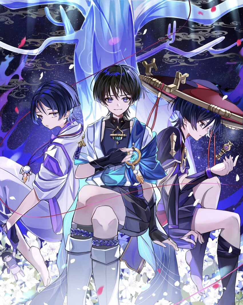 3boys absurdres aomiya_souju aqua_sleeves armor barefoot black_bodysuit black_hair black_kimono black_shorts black_sleeves black_socks blue_cape blunt_ends bodysuit cape collarbone crossed_legs doll eyeliner eyeshadow feathers genshin_impact gnosis_(genshin_impact) gold grey_eyes hakama hakama_shorts hand_on_own_chest hat highres japanese_armor japanese_clothes jingasa kariginu kimono knee_up knees kote kurokote layered_clothes layered_kimono layered_sleeves leg_warmers looking_at_object looking_at_viewer looking_back makeup mandarin_collar multiple_boys multiple_persona open_clothes open_hand open_kimono pants parted_bangs parted_lips petals pom_pom_(clothes) purple_eyes purple_hair purple_rope red_eyeliner red_eyeshadow red_hat rope scaramouche_(genshin_impact) scaramouche_(kabukimono)_(genshin_impact) short_sleeves shorts shoulder_peek sitting sleeves_rolled_up smile socks tree vision_(genshin_impact) wanderer_(genshin_impact) white_kimono white_leg_warmers white_pants white_sleeves white_tree